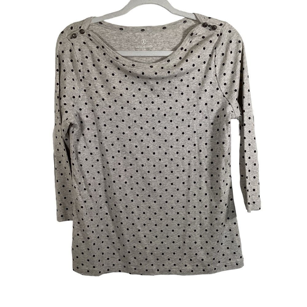 Lands End Women’s Gray W/Black Polka Dots Cowl Neck 3/4 Sleeve Blouse.  Size MP